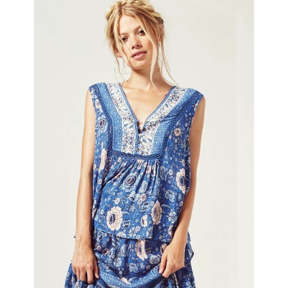 SPELL & THE GYPSY navy blue floral Zahara sleeveless top XS